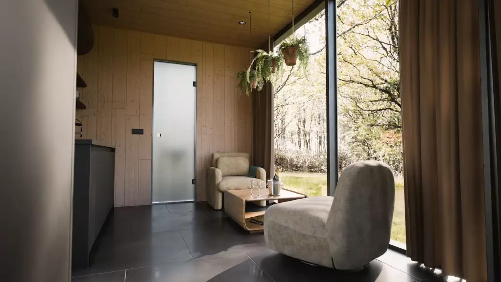 Vue sur la nature depuis le salon du lodge miroir