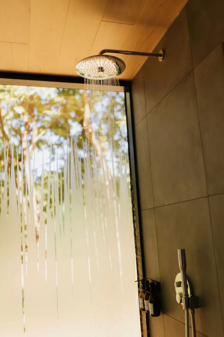 Douche à l'italienne avec vue plein cadre sur la forêt au Lodge Miroir en Vendée