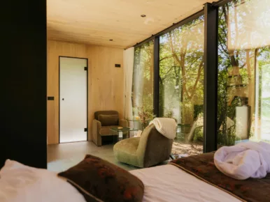 Salon d'un lodge insolite d'exception avec vue panoramique sur la nature près de Nantes